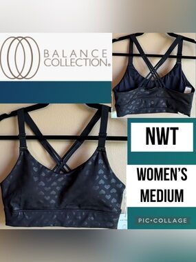 NWT Balance Collection Women’s Sports Bra Mid Impact Black Heart Embossed Size M